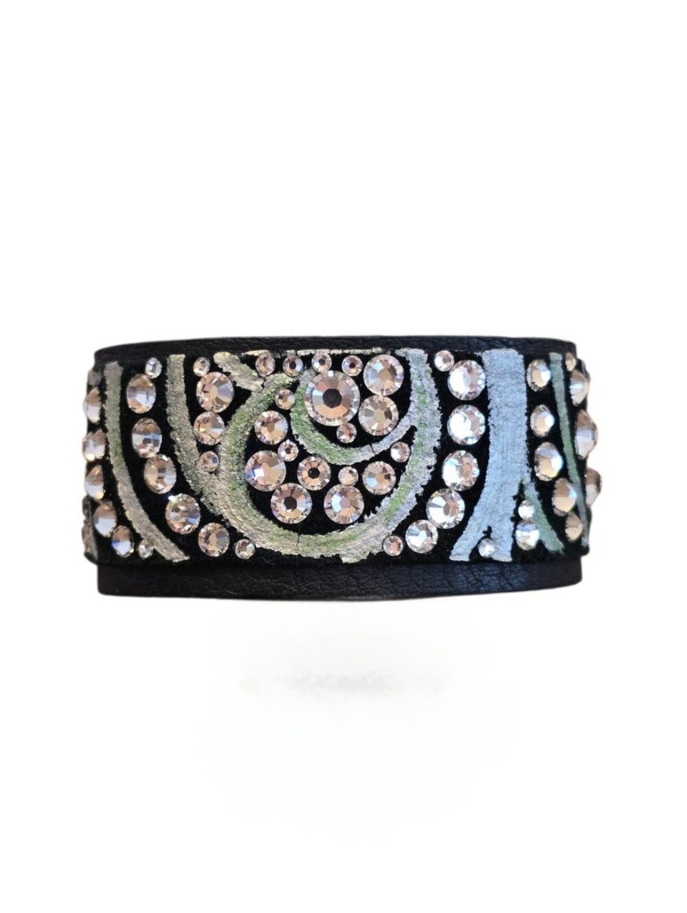 Caroline Rocha Handcrafted Black Leather Swarovski Crystal Snap Bracelet